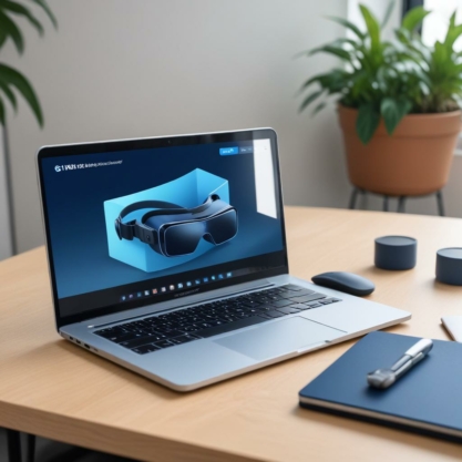 laptop on desk with notepad